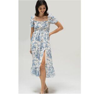 Zoey Smocked Square Neck White & Blue Midi Slit Front Dress 3XL - NEW